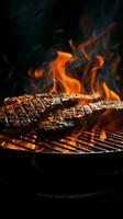 vlammend grill, barbecue rooster in vuur en vlam met vurig vlammen Aan zwart achtergrond verticaal mobiel behang ai gegenereerd foto