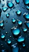 gloeiend water druppels Aan een diep blauw canvas met helling en highlights verticaal mobiel behang ai gegenereerd foto