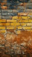 grungy naadloos patroon structuur met een oud geel en rood steen muur verticaal mobiel behang ai gegenereerd foto