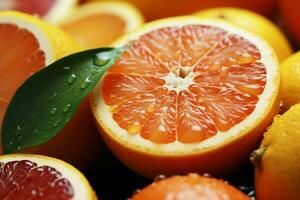 sappig oranje en grapefruit plakjes, hun kleuren en texturen levendig tentoongesteld ai gegenereerd foto