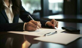 zakenman strekt zich uit contract naar vrouw voor haar handtekening, afdichting overeenkomst ai gegenereerd foto