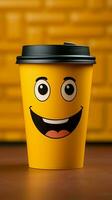 aanbiddelijk koffie kop persona Aan geel achtergrond, sporting een grijns kopiëren vriendelijk atmosfeer verticaal mobiel behang ai gegenereerd foto
