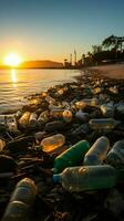 strand verontreiniging afgebeeld met plastic flessen en uitschot rommel de kustlijn verticaal mobiel behang ai gegenereerd foto
