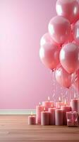 verjaardag gelukzaligheid, roze backdrop versierd met 3d pastel ballonnen, aanbieden kopiëren ruimte verticaal mobiel behang ai gegenereerd foto