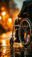 dichtbij omhoog visie Mens in rolstoel houdt wielen, beeltenis sterkte en mogelijkheid ondanks handicap verticaal mobiel behang ai gegenereerd foto