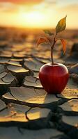 woestijn tafereel appel Aan gebarsten aarde betekent: voedsel onzekerheid, water tekort, agrarisch crisis verticaal mobiel behang ai gegenereerd foto