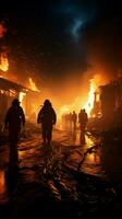 vurig crisis afgewend brandweerlieden benutten ronddraaien mist naar veroveren olie vlammen, zorgen voor veiligheid verticaal mobiel behang ai gegenereerd foto