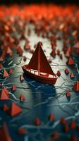 papier boten in aansluiting op een rood leider boot Aan wereld kaart concept voor leiderschap, samenspel en winnend succes verticaal mobiel behang ai gegenereerd foto