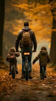 ouderlijk mentorschap, Mens ondersteunt kinderen fietsen, achterzijde visie momentopname verticaal mobiel behang ai gegenereerd foto