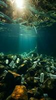 plastic flessen afval oceaan, illustreren ecologisch verstoring en milieu verontreiniging verticaal mobiel behang ai gegenereerd foto