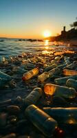 plastic verspilling en weigeren vloek zanderig kustlijn, reflecterend strand vervuilingen milieu tol verticaal mobiel behang ai gegenereerd foto