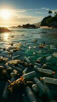 kust ontsierd door plastic flessen en brokstukken, illustreren strand vervuilingen ecologisch gevolg verticaal mobiel behang ai gegenereerd foto