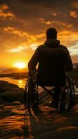 aftekenen rolstoel gebruiker, tegen een levendig zonsondergang, belichamend veerkracht en sterkte verticaal mobiel behang ai gegenereerd foto