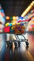 supermarkt Spree boodschappen doen kar tegen wazig op te slaan bokeh backdrop vangt kleinhandel sfeer verticaal mobiel behang ai gegenereerd foto