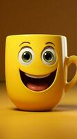 geel achtergrond gastheren aanbiddelijk koffie kop karakter, glimlachen kamer voor maatwerk verticaal mobiel behang ai gegenereerd foto