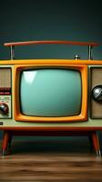 geel oranje kleur oud wijnoogst retro televisie Aan hout tafel met munt blauw achtergrond verticaal mobiel behang ai gegenereerd foto