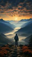 mist gedrapeerd pieken backpackers silhouet armen uitgebreid ondergedompeld in ochtend- berg schoonheid ai gegenereerd foto