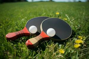 rackets voor tafel tennis geplaatst Aan levendig gras, in afwachting concurrenten ai gegenereerd foto