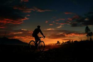 rijden in de schemering, een fietser geniet de rustig avond sfeer ai gegenereerd foto