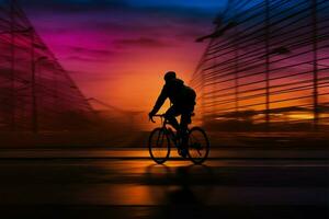 een fietsers silhouet sierlijk ritten een forens fiets Bij schemer ai gegenereerd foto
