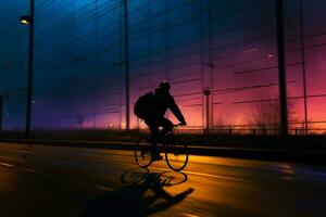 silhouet van een persoon Aan een forens fiets, navigeren avond ai gegenereerd foto