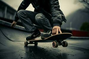 skateboarder staat Aan een grijswaarden dek, vastleggen stedelijk het schaatsen esthetiek ai gegenereerd foto