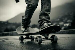 schaatsers grijswaarden houding, opvallend een balans Aan een strak skateboard ai gegenereerd foto