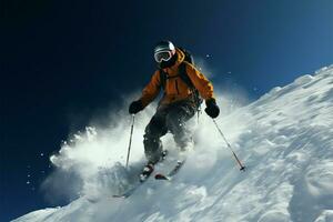 skiër snijdt de besneeuwd landschap, weergeven vaardigheid Aan de winters hellingen ai gegenereerd foto