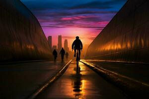 de stedelijk fietsers silhouet fuseert met de stadsgezicht Bij zonsondergang ai gegenereerd foto