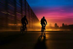 de stedelijk fietsers silhouet fuseert met de stadsgezicht Bij zonsondergang ai gegenereerd foto