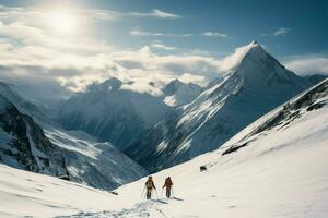 twee avonturiers trektocht aan de overkant een sneeuw gedekt berg in adembenemend eenzaamheid ai gegenereerd foto