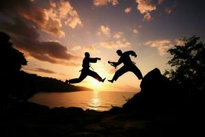 twee individuen bezighouden in karate opleiding, aftekenen tegen de instelling zon ai gegenereerd foto