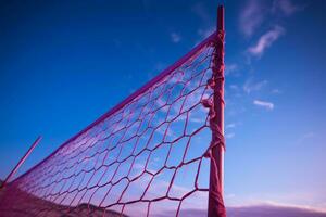 volleybal netto staat hoog in levendig Purper, klaar voor actie ai gegenereerd foto