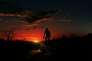 fietser pedalen door schemering, omarmen de kalmte van avond rijden ai gegenereerd foto