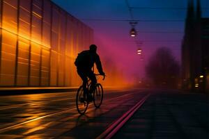 een forens fiets ruiters silhouet mengsels in de schemering backdrop ai gegenereerd foto