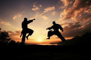 karate beoefenaars vitrine hun vaardigheden te midden van een pittoreske zonsondergang backdrop ai gegenereerd foto