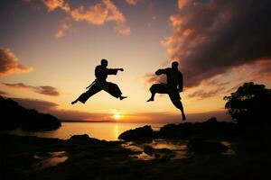 karate beoefenaars vitrine hun vaardigheden te midden van een pittoreske zonsondergang backdrop ai gegenereerd foto