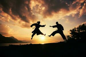 karate beoefenaars vitrine hun vaardigheden te midden van een pittoreske zonsondergang backdrop ai gegenereerd foto