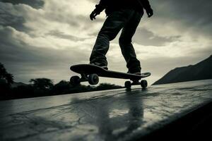 personen silhouet Aan een skateboard creëert een kunstzinnig grijswaarden samenstelling ai gegenereerd foto