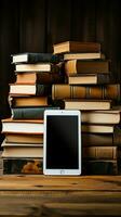boeken en tablet delen wit ruimte, creëren een modern in tegenstelling samenstelling verticaal mobiel behang ai gegenereerd foto