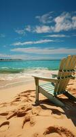 kust- terugtrekken strand stoelen Aan wit zand, omarmd door blauw lucht en zon verticaal mobiel behang ai gegenereerd foto