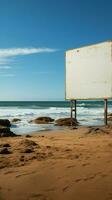 kust- canvas onbezet aanplakbord reeks tegen oceaan panorama Aan zanderig strand verticaal mobiel behang ai gegenereerd foto