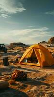 troosteloos woestijn camping eenzaam avontuur temidden van dor woestenij, omringd door leegte verticaal mobiel behang ai gegenereerd foto
