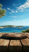 horizon verbinding houten tafel tegen wazig zee eiland en rustig blauw lucht verticaal mobiel behang ai gegenereerd foto