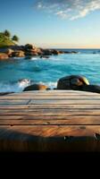 eiland sfeer wazig zee en lucht achter houten tafel, een uitnodigend tafereel verticaal mobiel behang ai gegenereerd foto
