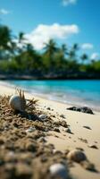 eiland kalmte zand, palm, bokeh backdrop portretteren vakantie concept, aanbieden kopiëren ruimte verticaal mobiel behang ai gegenereerd foto