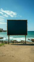 marinier aanplakbord canvas leeg kader reeks Aan strand met oceaan panorama verticaal mobiel behang ai gegenereerd foto