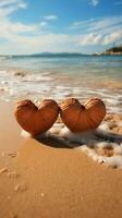 strand romance hart getrokken Aan zanderig kust met golven in de achtergrond verticaal mobiel behang ai gegenereerd foto