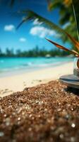 zand met wazig palm en tropisch strand bokeh achtergrond, zomer vakantie en reizen concept kopiëren ruimte verticaal mobiel behang ai gegenereerd foto