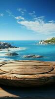 zeegezicht fusie houten tafel temidden van wazig zee eiland en expansief blauw lucht verticaal mobiel behang ai gegenereerd foto